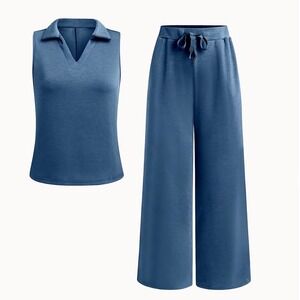 NWOT Coo Chic Dusty Blue Sleeveless 2X Top/Wide Leg Drawstring Crop Pants Set